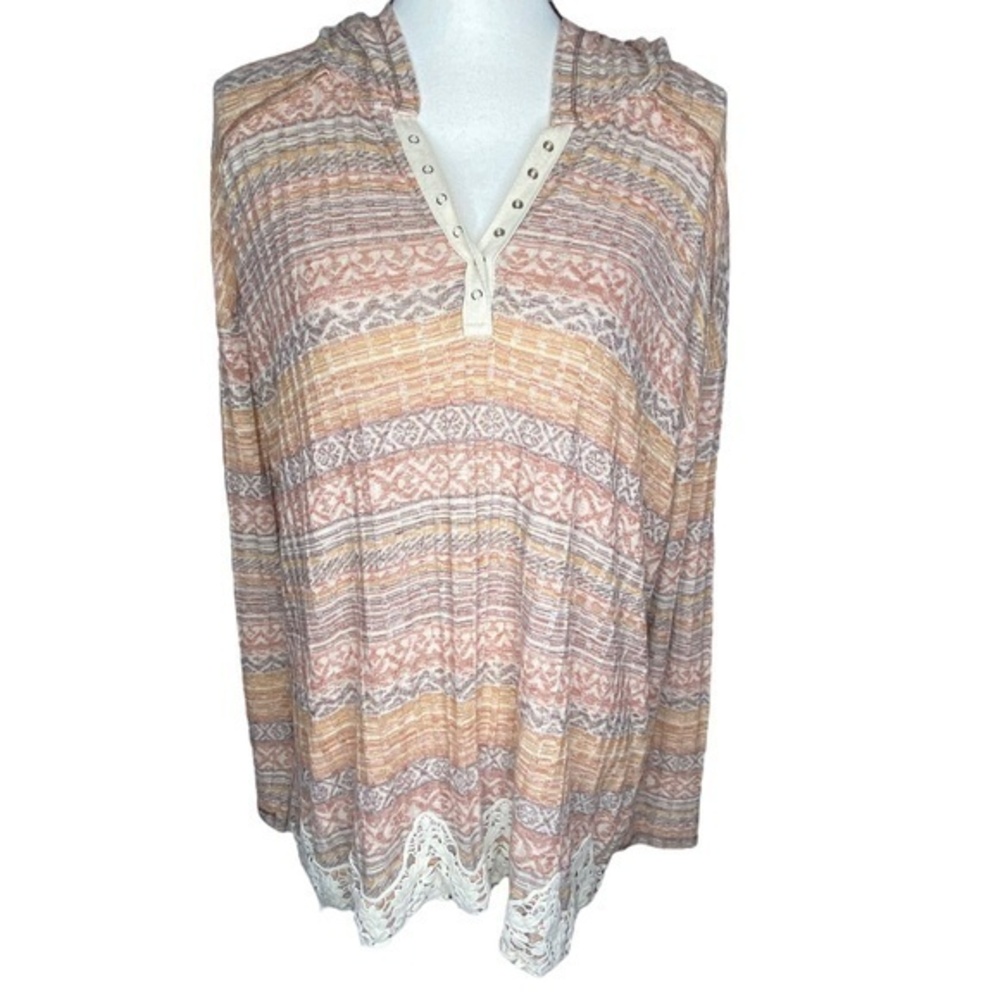 Rewind Knit Hoodie Top Long Sleeve Lace Hem Detail Pullover Size 2X